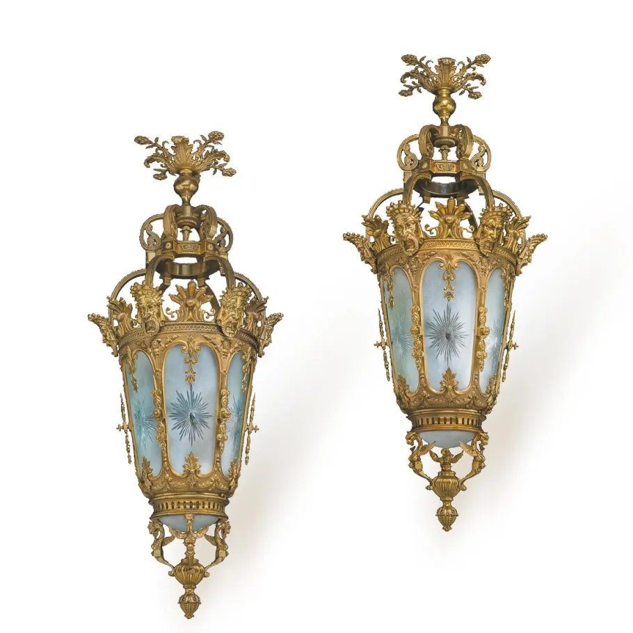 New Pamono Large 20th Century French Gilt Bronze & Crystal Lanterns, 1890s, Set of 2