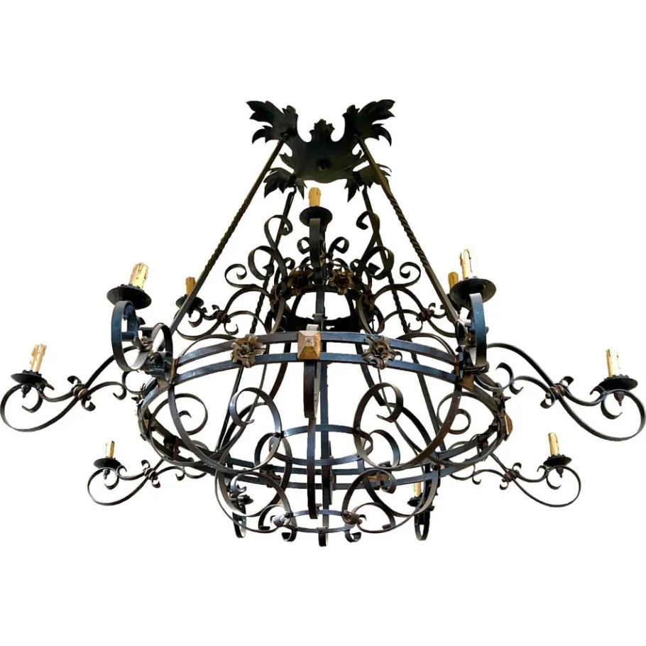 Clearance Pamono Large 19th Century French Wrought Iron Twelve-Light Chandelier