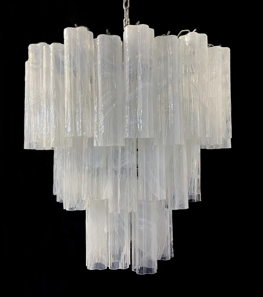 Clearance Pamono Large Three-Tier Murano Glass Tube Chandelier with White Albaster, 1990s