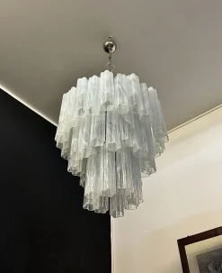 Clearance Pamono Large Three-Tier Murano Glass Tube Chandelier with White Albaster, 1990s