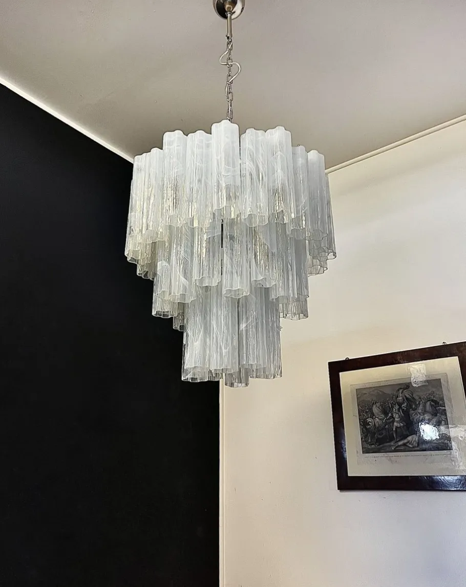 Clearance Pamono Large Three-Tier Murano Glass Tube Chandelier with White Albaster, 1990s