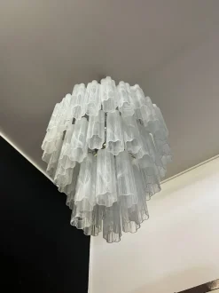 Clearance Pamono Large Three-Tier Murano Glass Tube Chandelier with White Albaster, 1990s