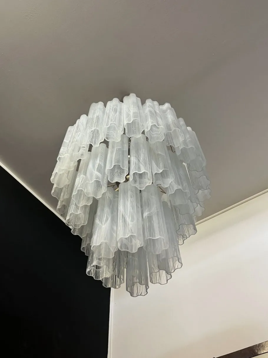 Clearance Pamono Large Three-Tier Murano Glass Tube Chandelier with White Albaster, 1990s