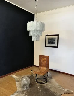 Clearance Pamono Large Three-Tier Murano Glass Tube Chandelier with White Albaster, 1990s