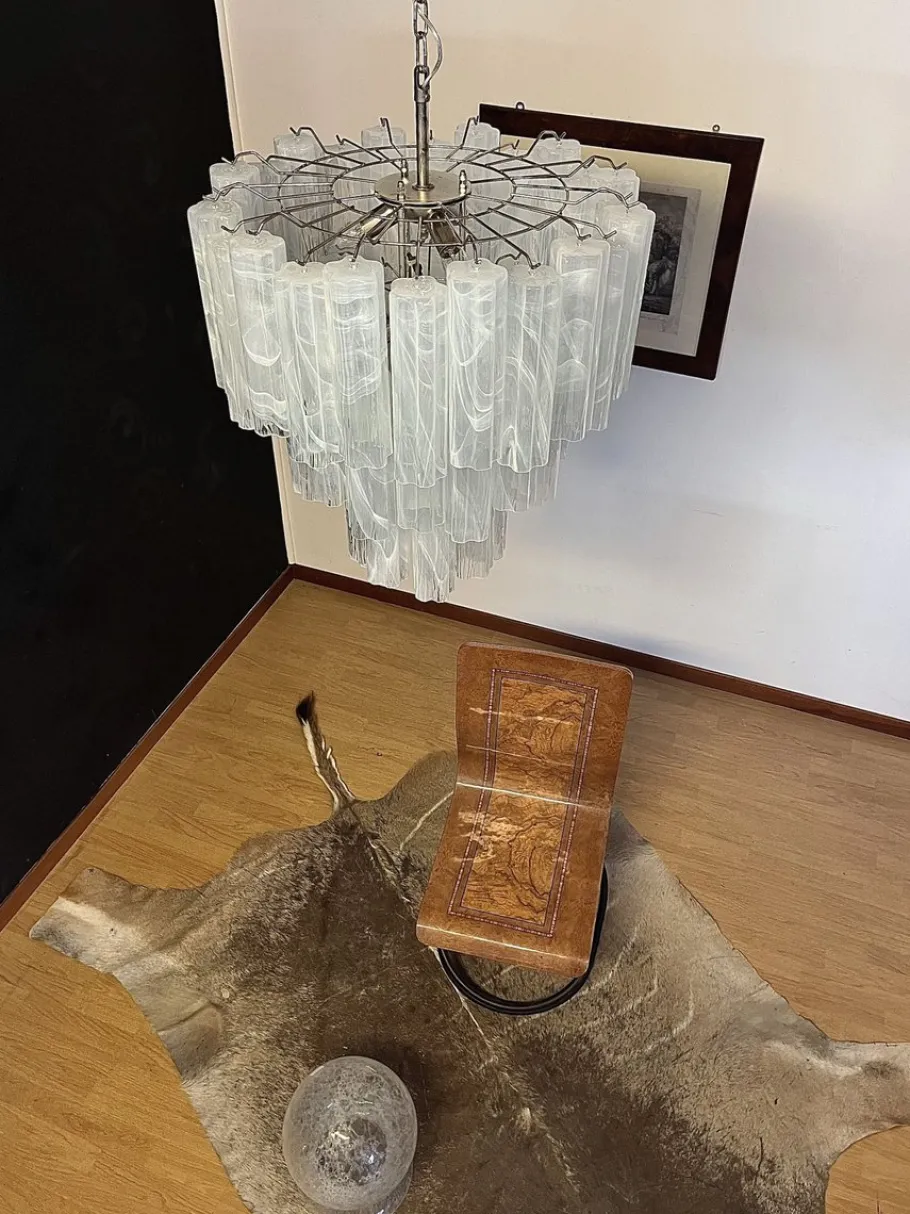 Clearance Pamono Large Three-Tier Murano Glass Tube Chandelier with White Albaster, 1990s