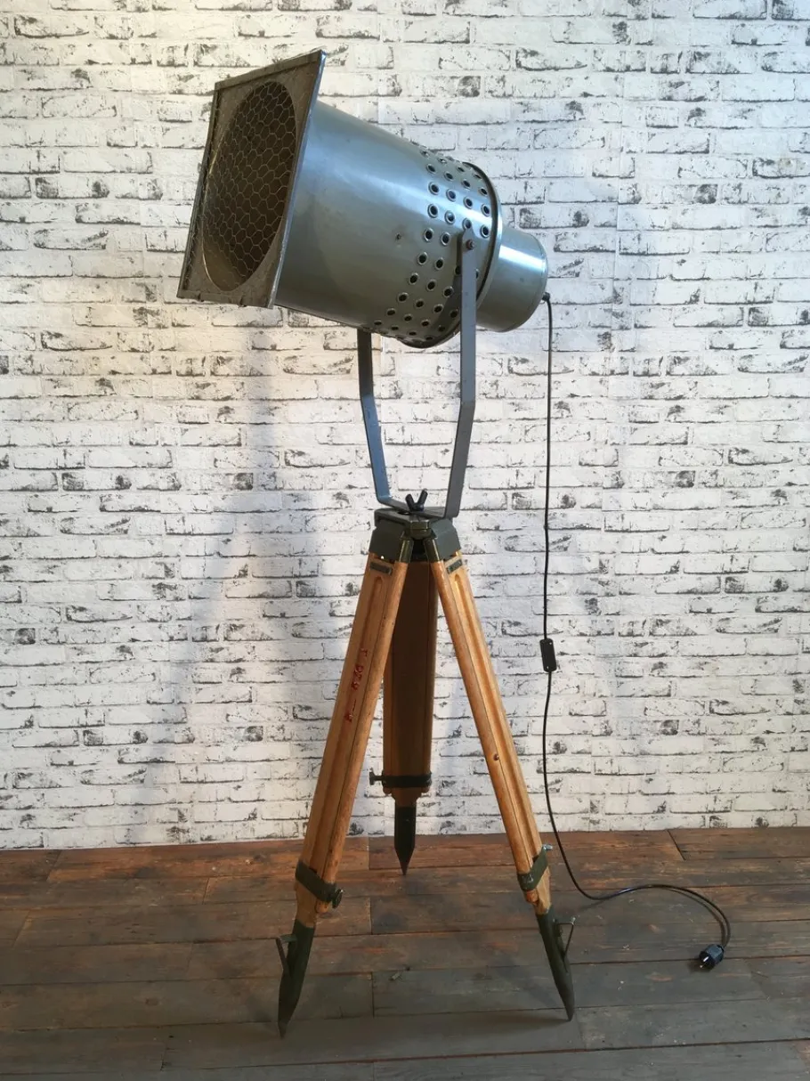 Pamono Large Vintage Gray Industrial Spotlight on Wooden Tripod