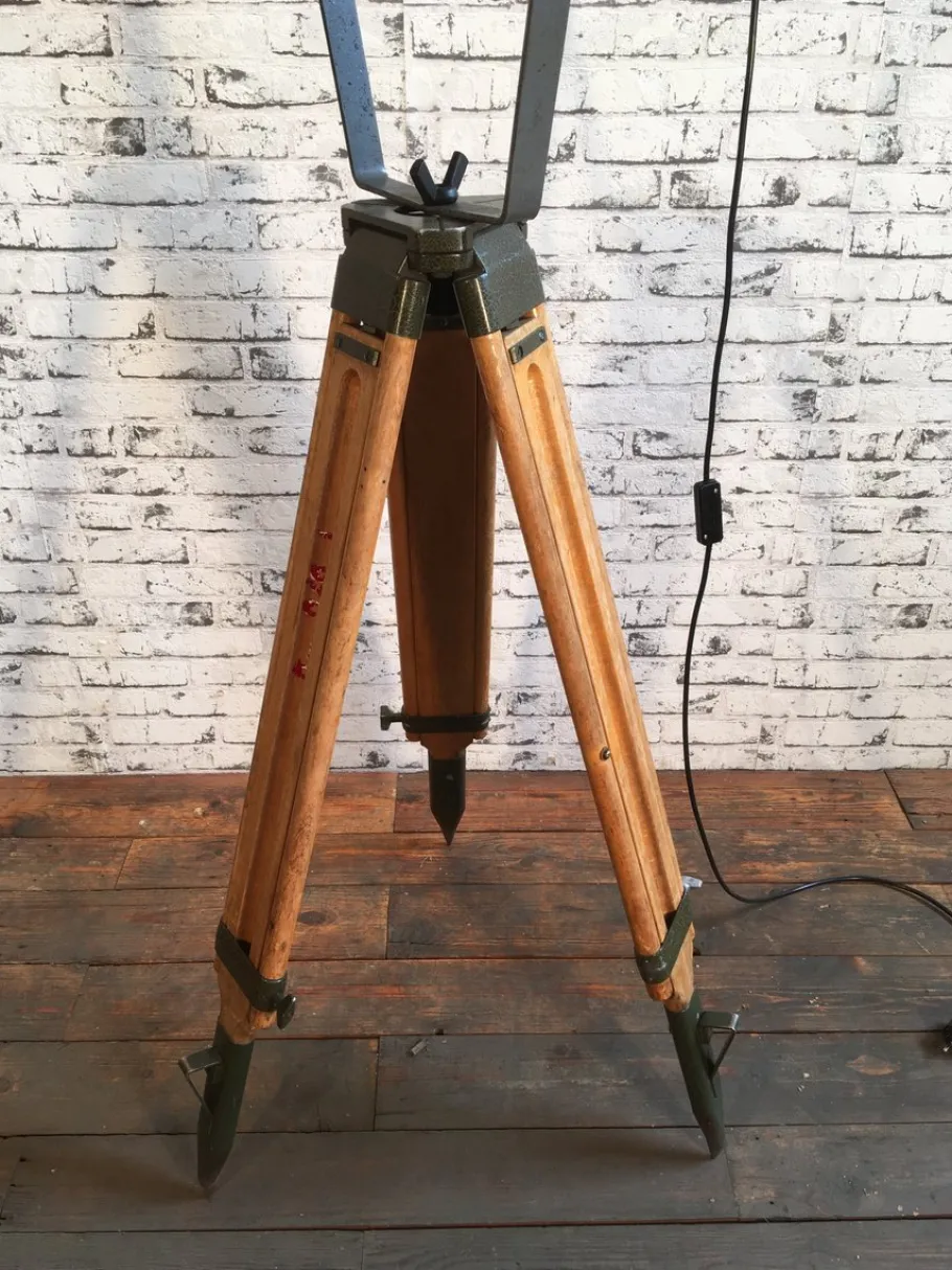 Pamono Large Vintage Gray Industrial Spotlight on Wooden Tripod
