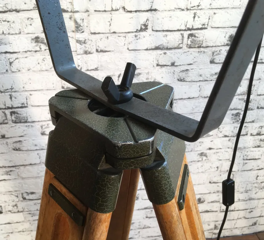 Pamono Large Vintage Gray Industrial Spotlight on Wooden Tripod