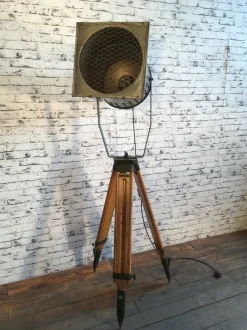 Pamono Large Vintage Gray Industrial Spotlight on Wooden Tripod