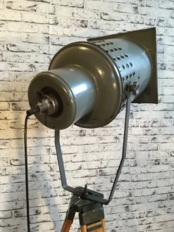 Pamono Large Vintage Gray Industrial Spotlight on Wooden Tripod