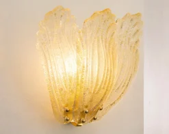 Hot Pamono Large Wall Lights with 3 Murano Glass Amber Color Leaves and Gold Structure, Italy