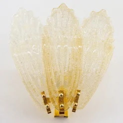 Hot Pamono Large Wall Lights with 3 Murano Glass Amber Color Leaves and Gold Structure, Italy