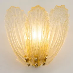 Hot Pamono Large Wall Lights with 3 Murano Glass Amber Color Leaves and Gold Structure, Italy