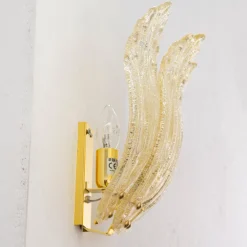 Hot Pamono Large Wall Lights with 3 Murano Glass Amber Color Leaves and Gold Structure, Italy