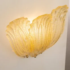 Hot Pamono Large Wall Lights with 3 Murano Glass Amber Color Leaves and Gold Structure, Italy