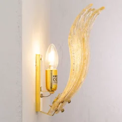 Hot Pamono Large Wall Lights with 3 Murano Glass Amber Color Leaves and Gold Structure, Italy