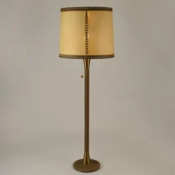 New Pamono Leather and Brass Floor Lamp with Parchment Shade, 1960s