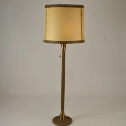 New Pamono Leather and Brass Floor Lamp with Parchment Shade, 1960s