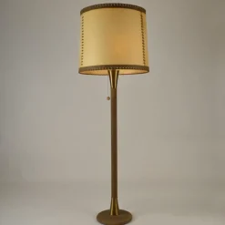 New Pamono Leather and Brass Floor Lamp with Parchment Shade, 1960s