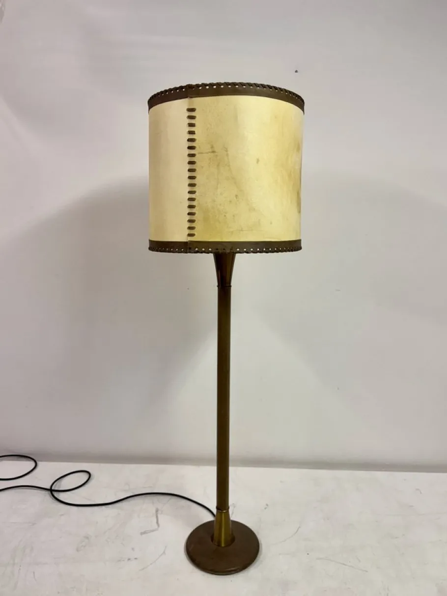 Pamono Leather-Wrapped Floor Lamp with Parchment Shade by Charlotte Wawer, 1950s