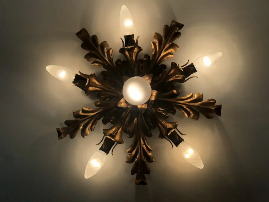 New Pamono 6-light Gilded Foliage Ceiling Lamp by Li Puma Firenze, Italy, 1960s