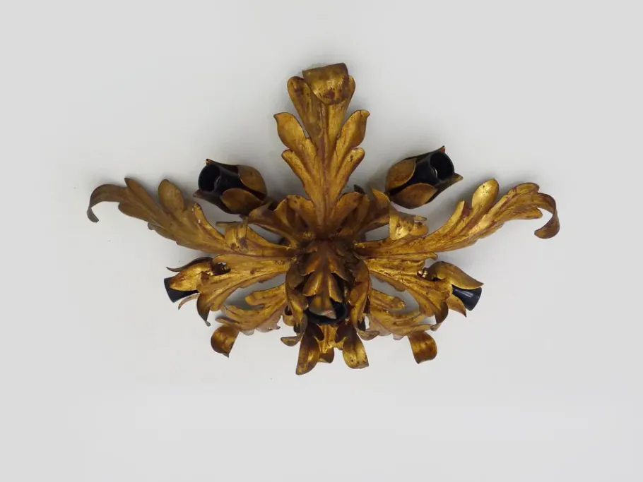 New Pamono 6-light Gilded Foliage Ceiling Lamp by Li Puma Firenze, Italy, 1960s