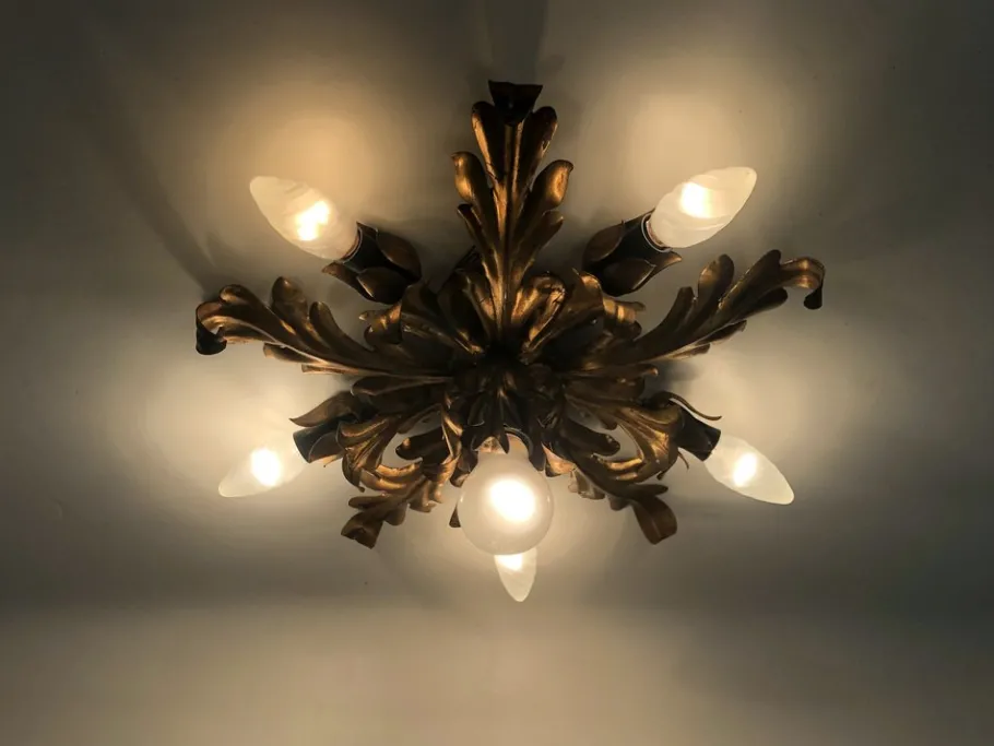 New Pamono 6-light Gilded Foliage Ceiling Lamp by Li Puma Firenze, Italy, 1960s
