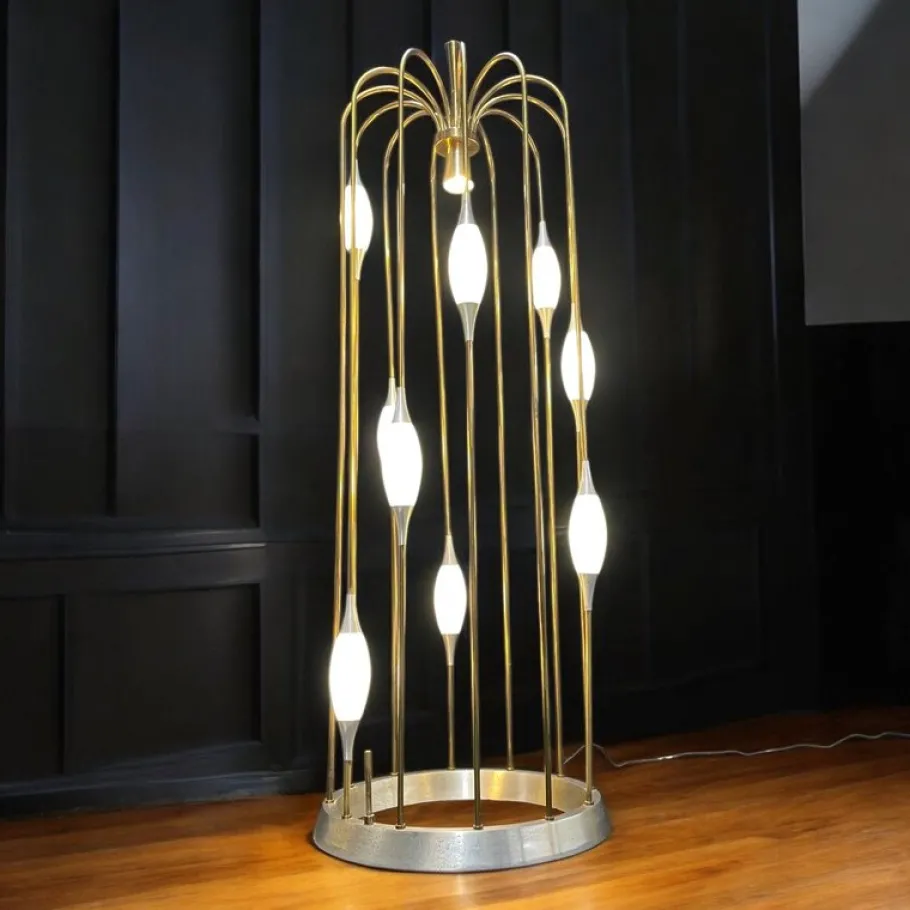 Outlet Pamono Lightolier Gold Colored Metal Waterfall Cage Lamp with New White Glass Diffusers, 1970s