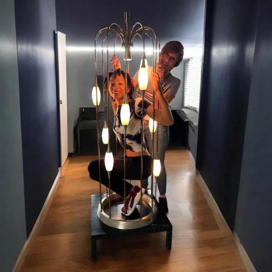 Outlet Pamono Lightolier Gold Colored Metal Waterfall Cage Lamp with New White Glass Diffusers, 1970s