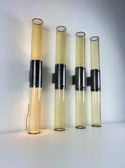 Best Pamono Long Double-Light Wall Lamps in Murano Glass and Steel, 1980s, Set of 4