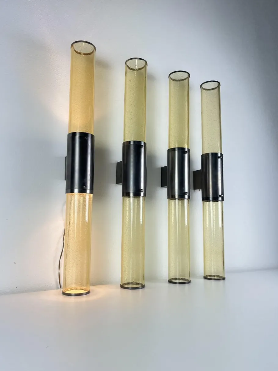 Best Pamono Long Double-Light Wall Lamps in Murano Glass and Steel, 1980s, Set of 4