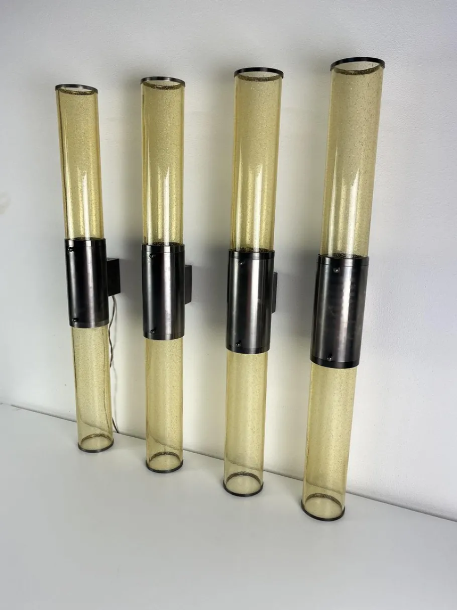 Best Pamono Long Double-Light Wall Lamps in Murano Glass and Steel, 1980s, Set of 4