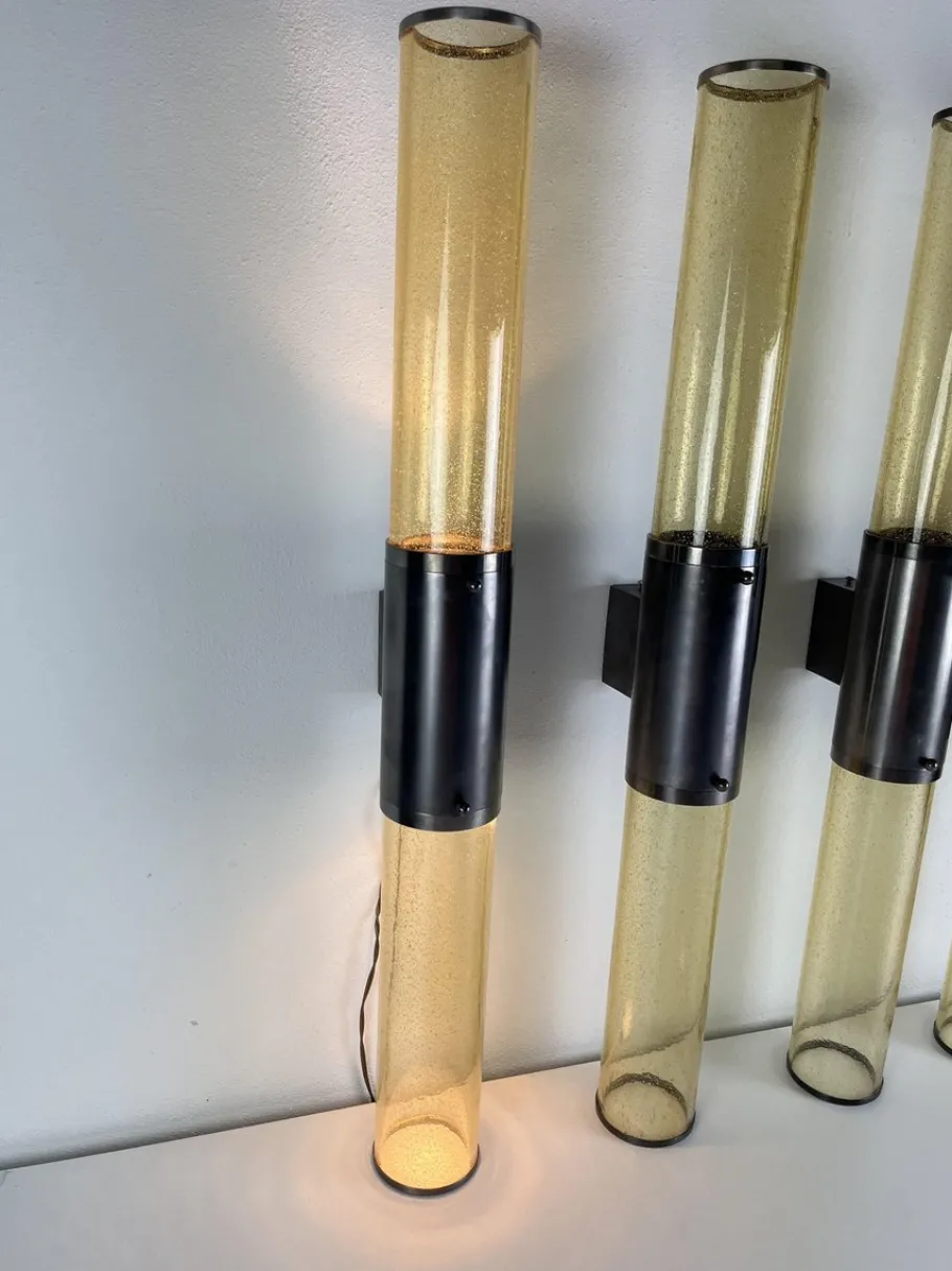 Best Pamono Long Double-Light Wall Lamps in Murano Glass and Steel, 1980s, Set of 4
