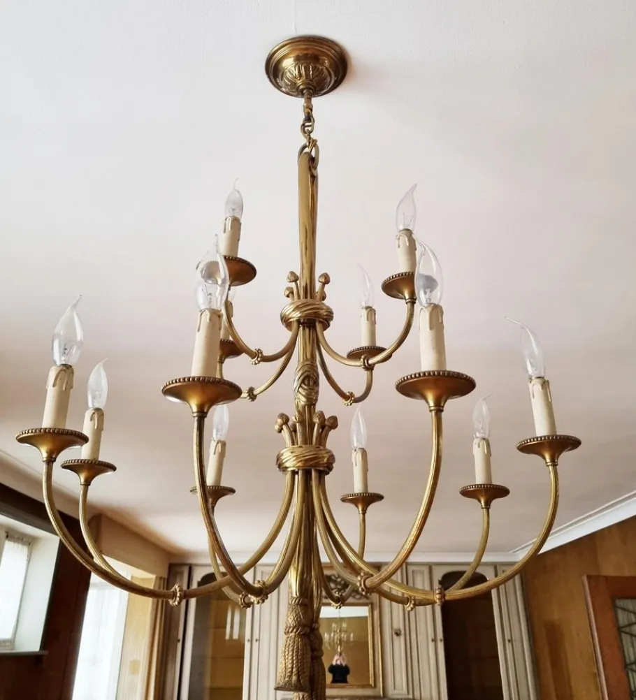 New Pamono Louis XVI 12-Light Chandelier with Tassels in Gilt Bronze