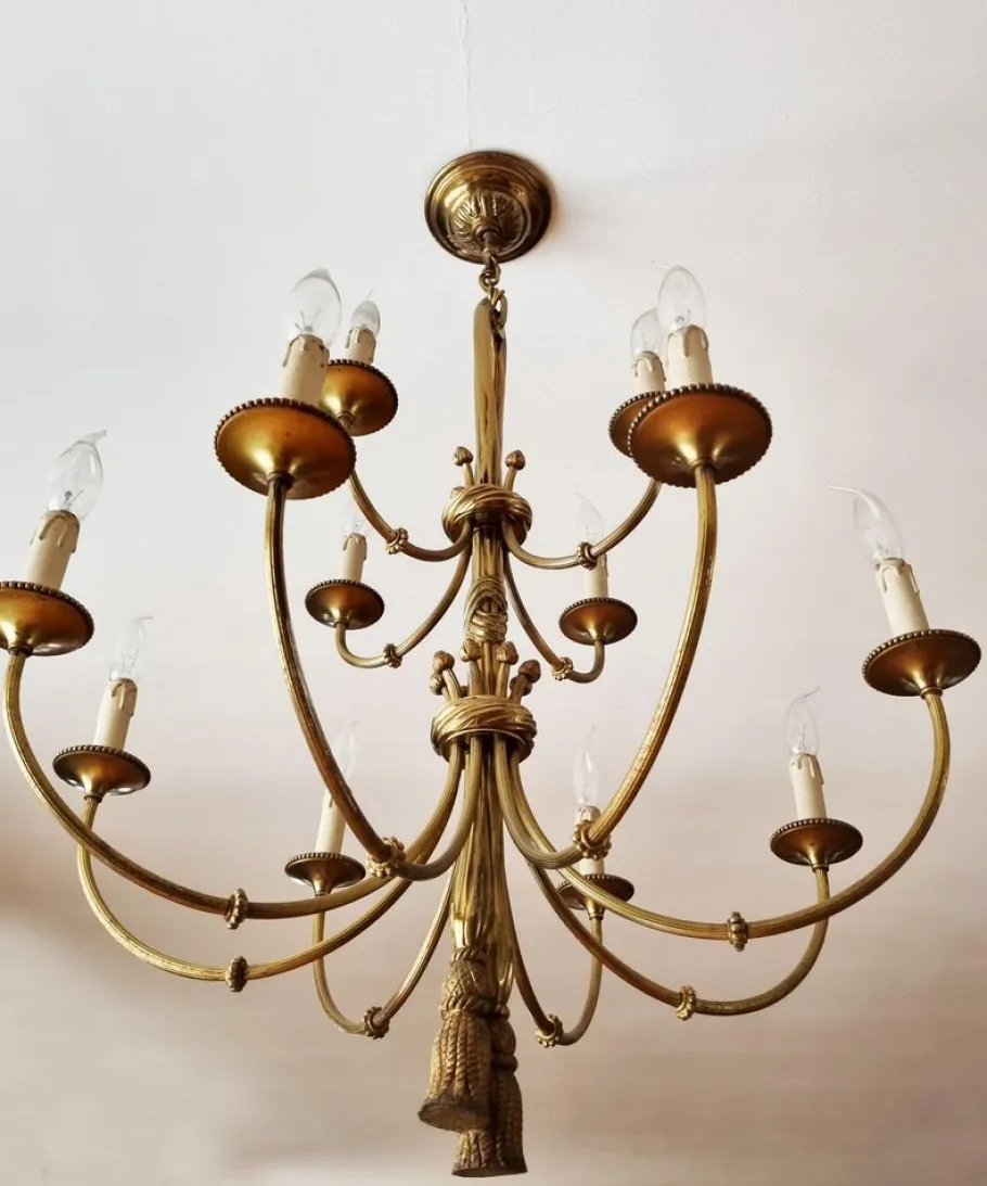 New Pamono Louis XVI 12-Light Chandelier with Tassels in Gilt Bronze