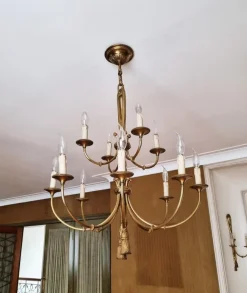 New Pamono Louis XVI 12-Light Chandelier with Tassels in Gilt Bronze