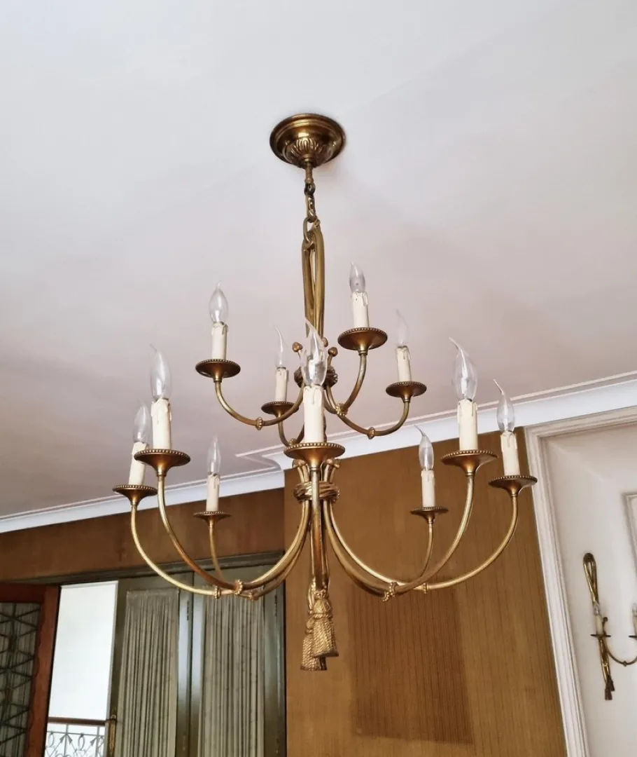 New Pamono Louis XVI 12-Light Chandelier with Tassels in Gilt Bronze