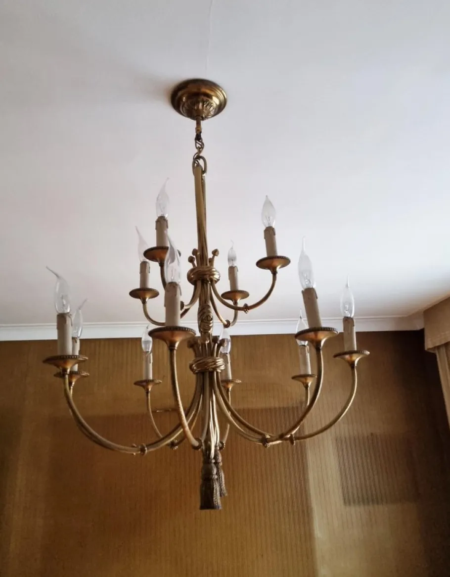 New Pamono Louis XVI 12-Light Chandelier with Tassels in Gilt Bronze