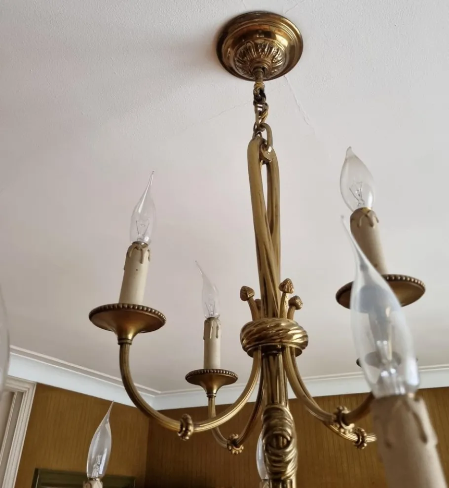 New Pamono Louis XVI 12-Light Chandelier with Tassels in Gilt Bronze