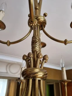 New Pamono Louis XVI 12-Light Chandelier with Tassels in Gilt Bronze