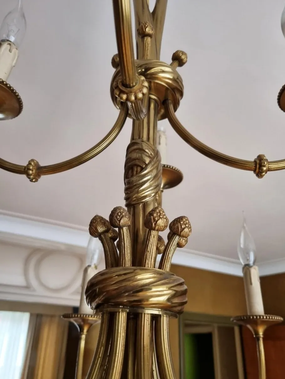 New Pamono Louis XVI 12-Light Chandelier with Tassels in Gilt Bronze