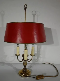 Pamono Louis XVI Style Brass Bouillotte Lamp with Red Lampshade, 1890s