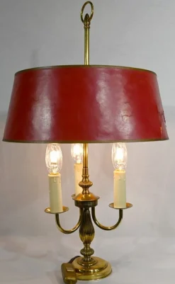 Pamono Louis XVI Style Brass Bouillotte Lamp with Red Lampshade, 1890s