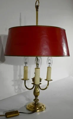 Pamono Louis XVI Style Brass Bouillotte Lamp with Red Lampshade, 1890s