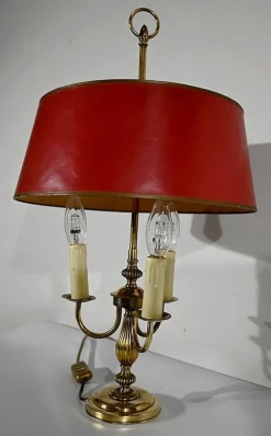 Pamono Louis XVI Style Brass Bouillotte Lamp with Red Lampshade, 1890s
