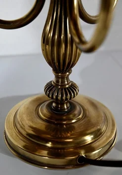 Pamono Louis XVI Style Brass Bouillotte Lamp with Red Lampshade, 1890s