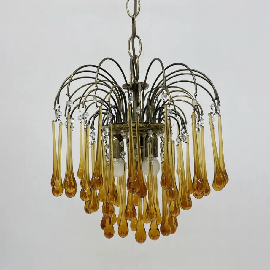 Discount Pamono Mid- Century Murano Amber Glass Tear Drop Chandelier, 1970s