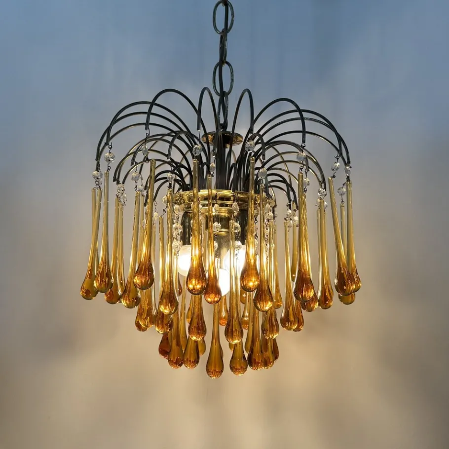 Discount Pamono Mid- Century Murano Amber Glass Tear Drop Chandelier, 1970s
