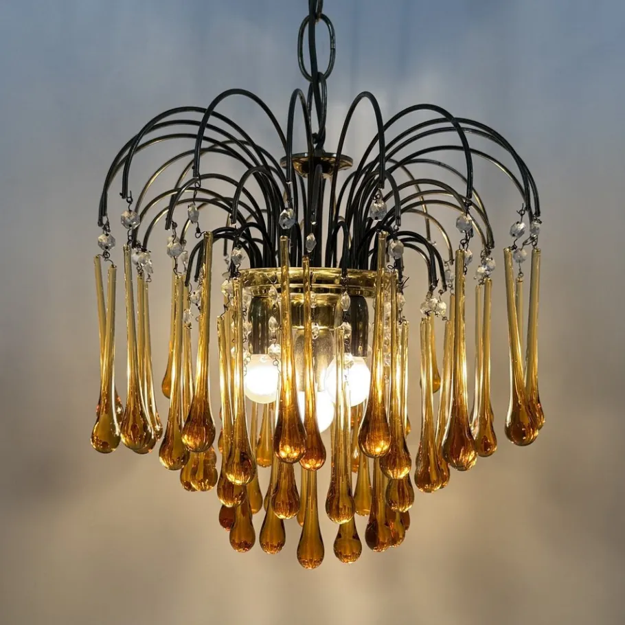Discount Pamono Mid- Century Murano Amber Glass Tear Drop Chandelier, 1970s