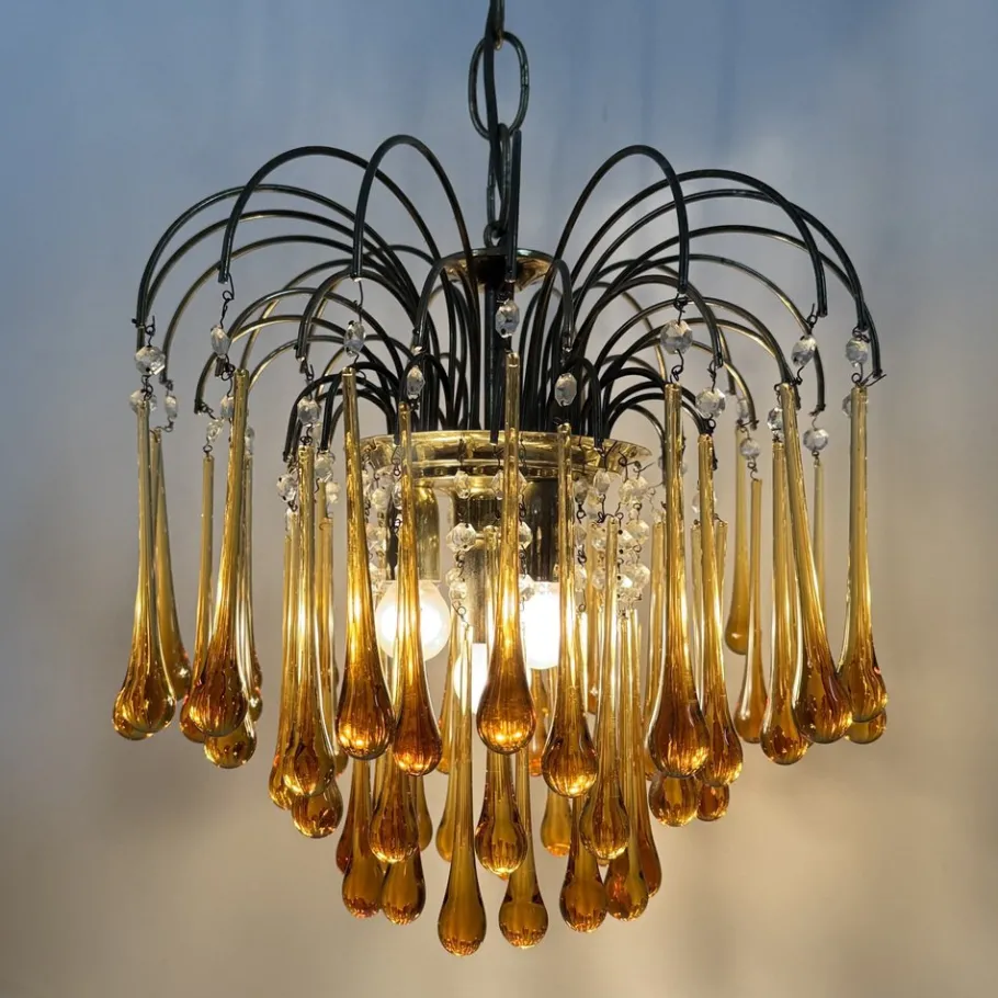 Discount Pamono Mid- Century Murano Amber Glass Tear Drop Chandelier, 1970s